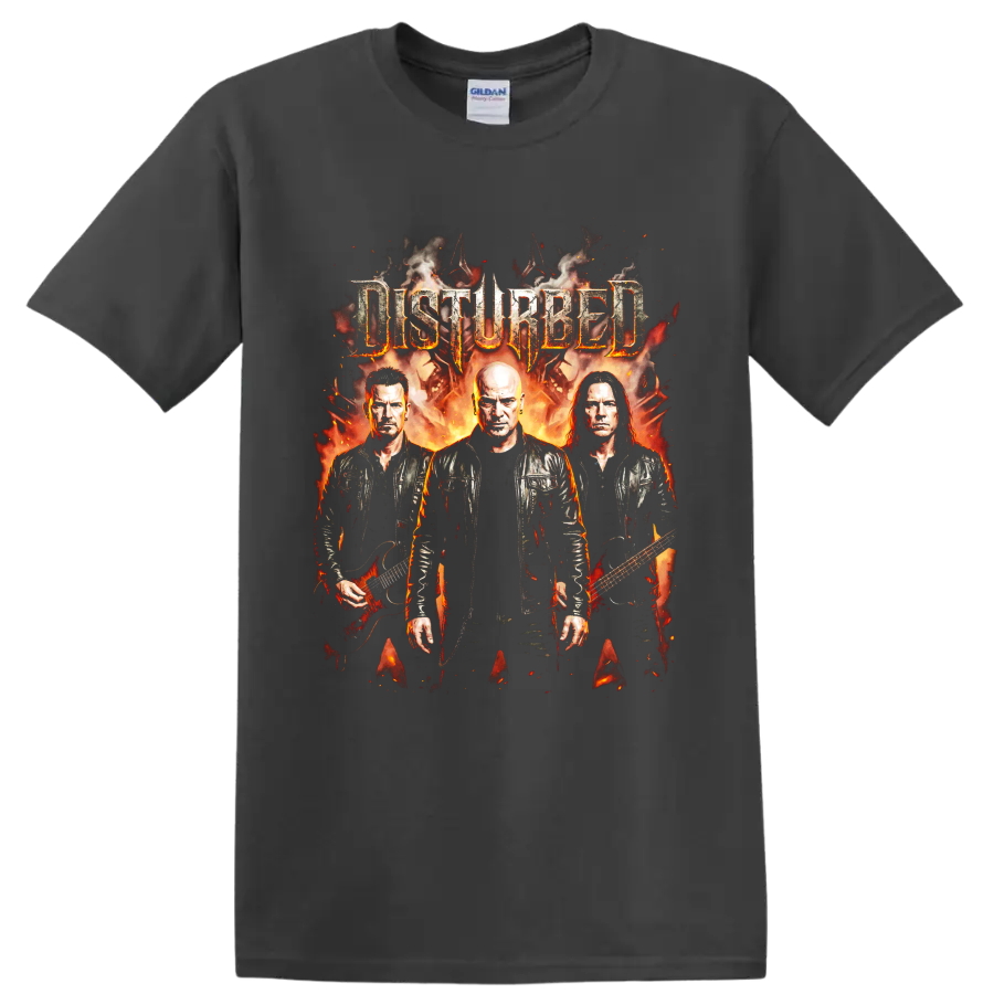 Disturbed Indestructible heavy metal album artwork with band portraits on a Charcoal T Shirt