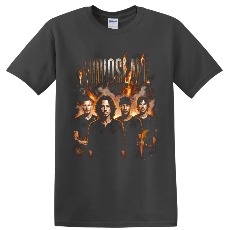 Audioslave rock band portrait graphic with flames, guitars, and distressed lettering on a Charcoal T Shirt