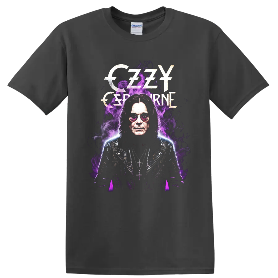 Ozzy Osbourne Black Sabbath portrait with purple smoke and gothic lettering on a Charcoal T Shirt