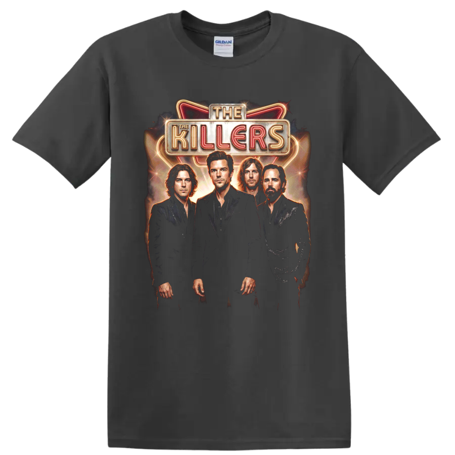 The Killers Battle Born neon marquee band portrait graphic on a Charcoal T Shirt
