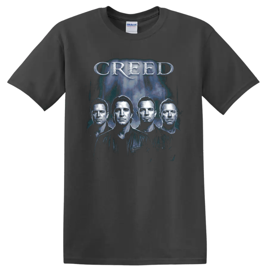 Creed band portrait graphic with metallic CREED lettering on a Charcoal T Shirt