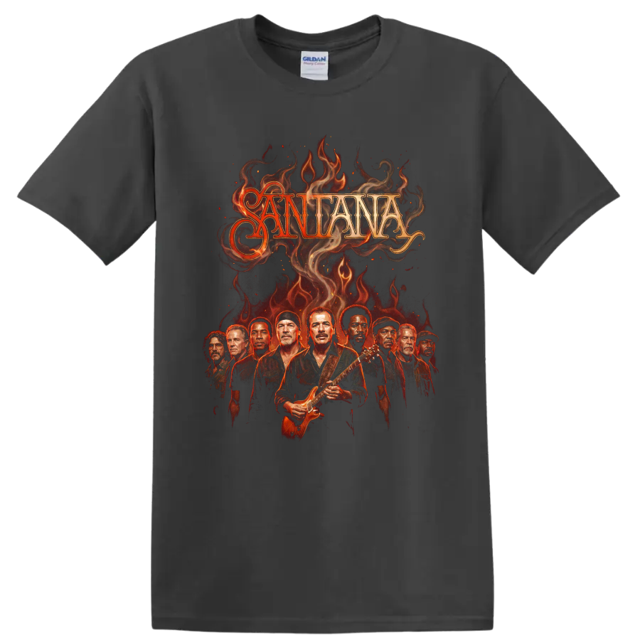 Santana Carlos Santana fiery Latin rock guitar performance graphic on a Charcoal T Shirt