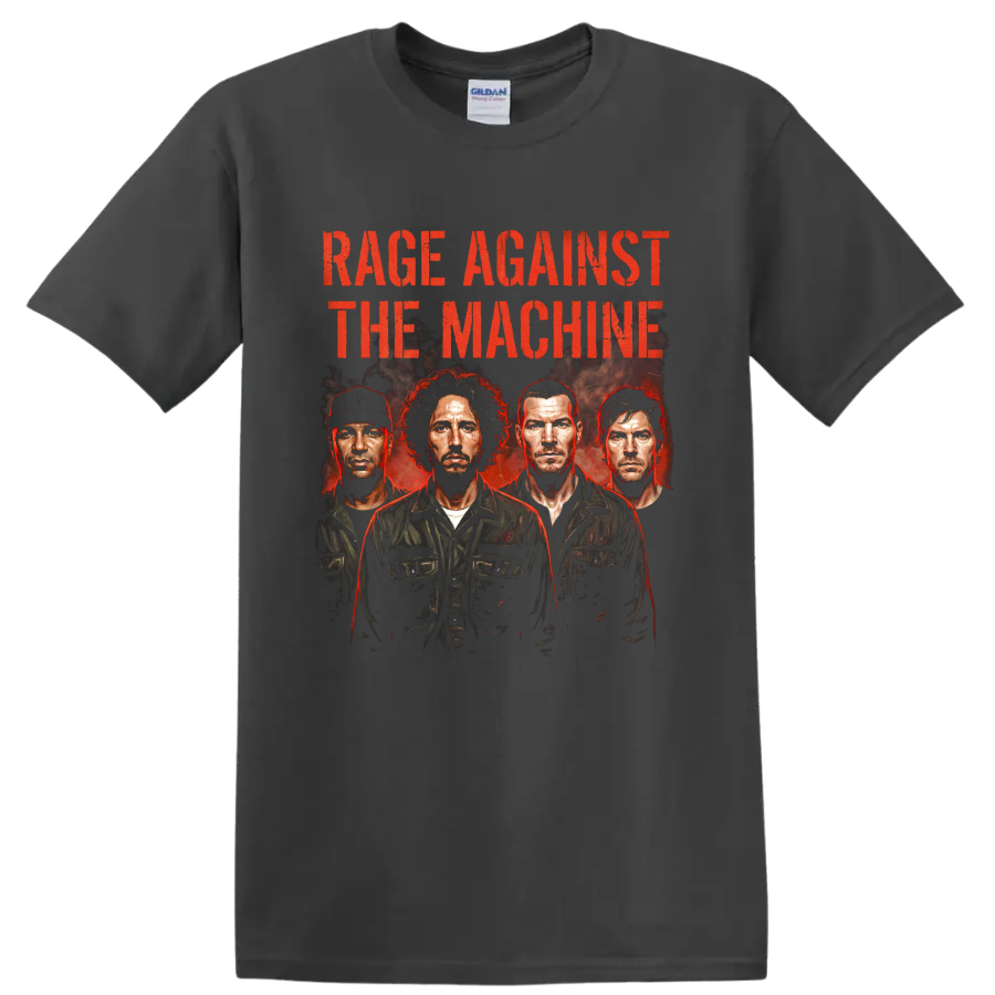 Rage Against the Machine vintage 1999 poster with four portraits and red text on a Charcoal T Shirt
