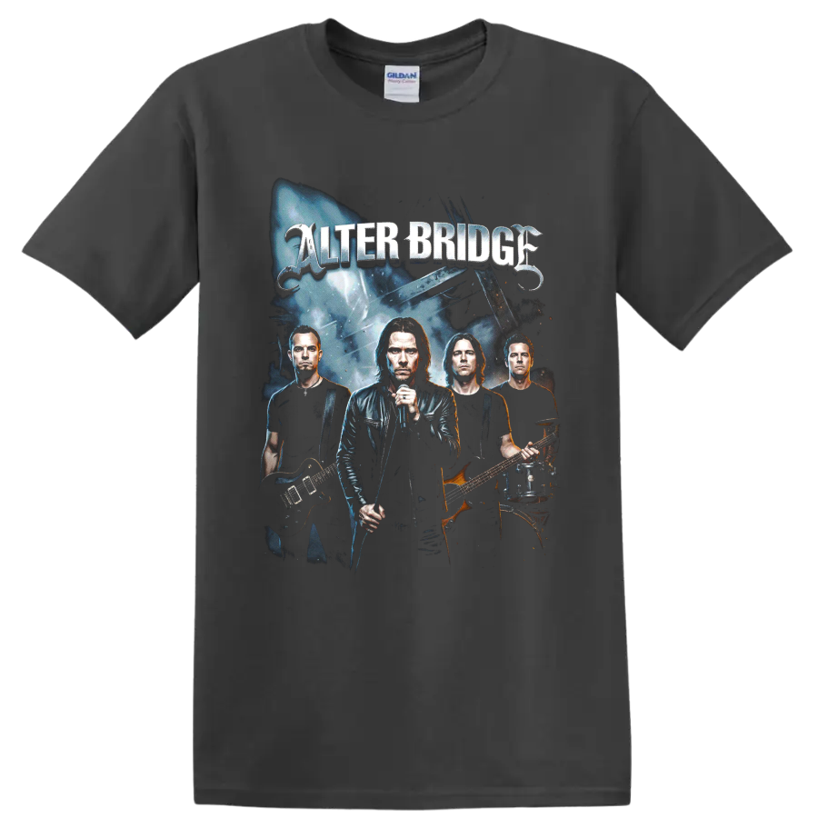 Alter Bridge band portrait rock graphic with vocalist and guitars on a Charcoal T Shirt