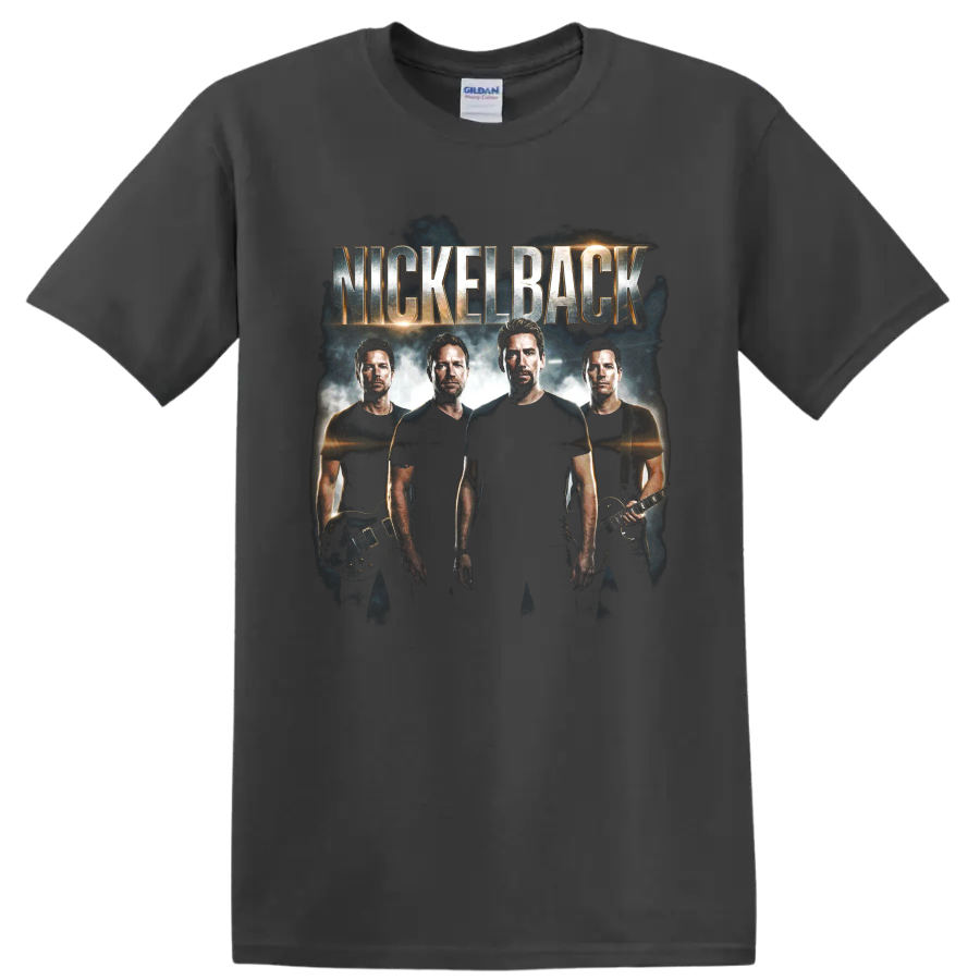 Ryan Peake Nickelback rock band portrait with guitars and NICKELBACK text on a Charcoal T Shirt