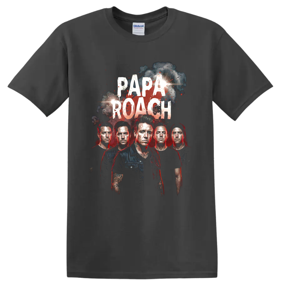 Papa Roach distressed rock band portrait graphic with bold lettering on a Charcoal T Shirt
