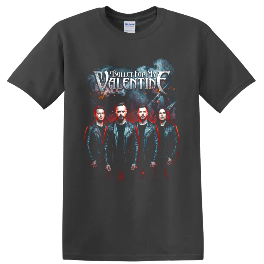 Bullet for My Valentine gothic band portrait with four musicians on a Charcoal T Shirt