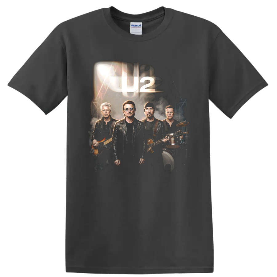 U2 Bono band portrait graphic with guitar, bass, drums, and U2 lettering on a Charcoal T Shirt