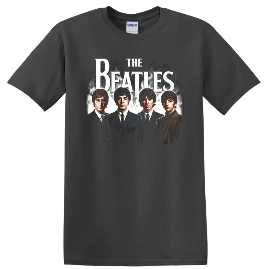 The Beatles classic rock portrait graphic with bold distressed lettering on a Charcoal T Shirt