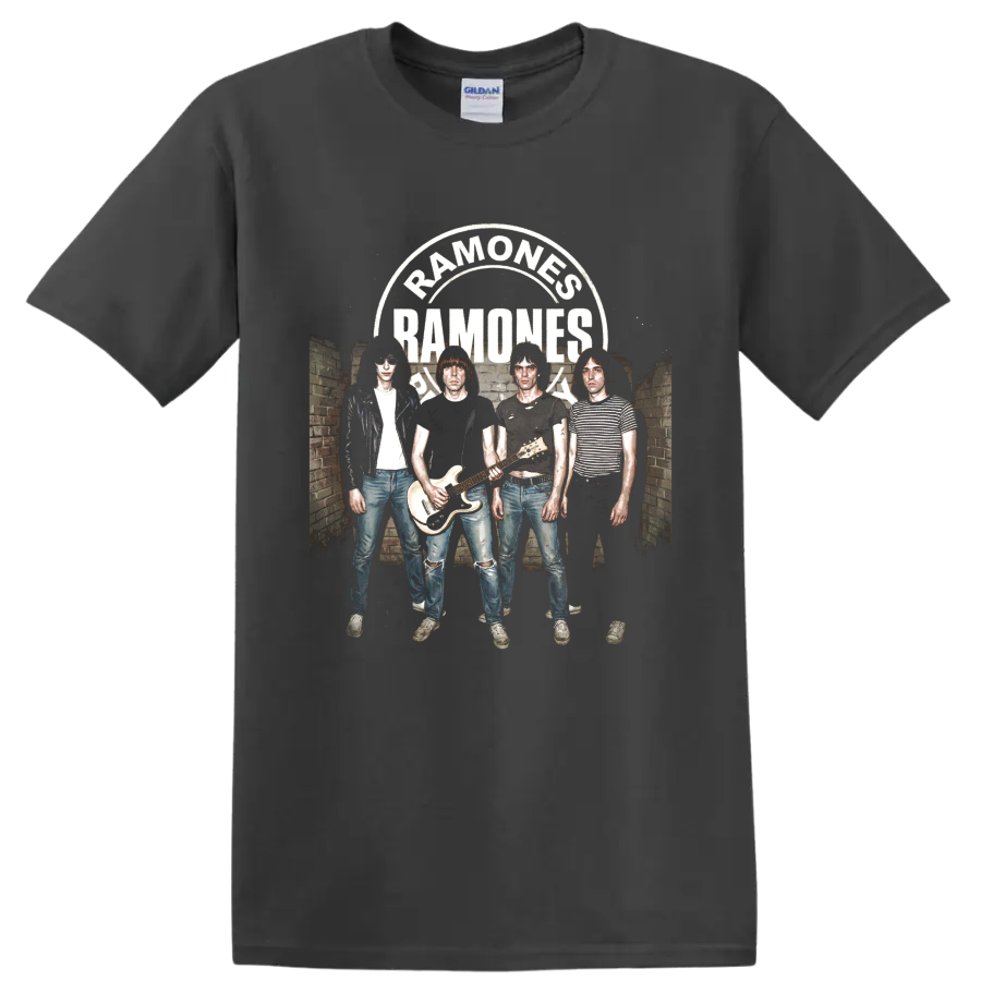 Ramones Road to Ruin distressed punk rock band graphic with arched lettering on a Charcoal T Shirt