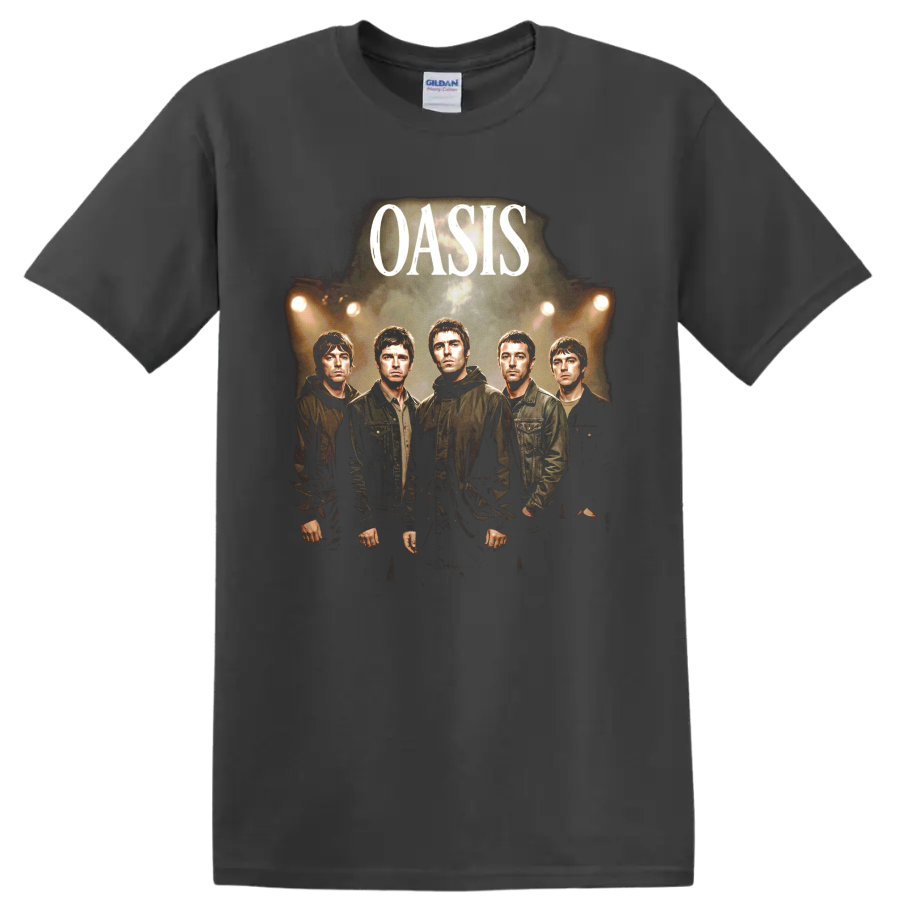 Oasis band portrait graphic with bold Oasis text and concert lighting on a Charcoal T Shirt