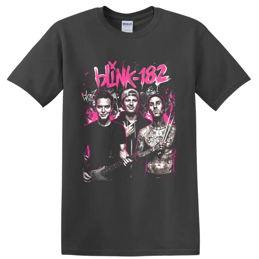 Blink-182 Mark Hoppus, Tom DeLonge and Travis Barker pop art graphic print on a Charcoal T Shirt
