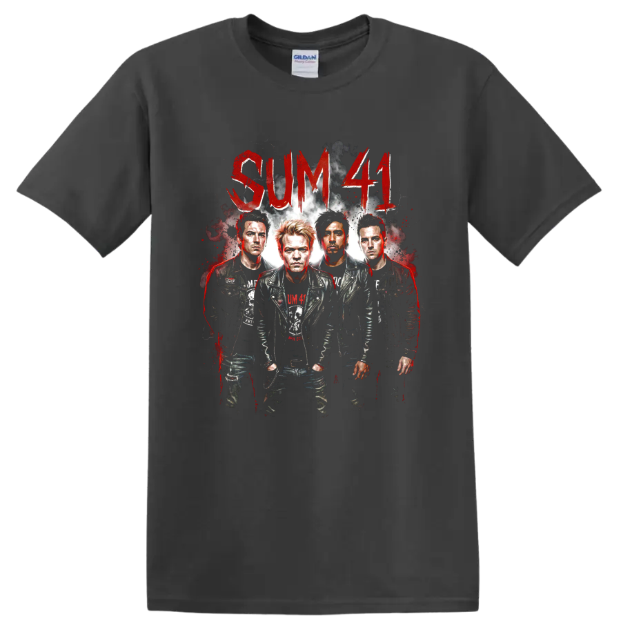 Sum 41 distressed punk rock band portrait with red lettering on a Charcoal T Shirt