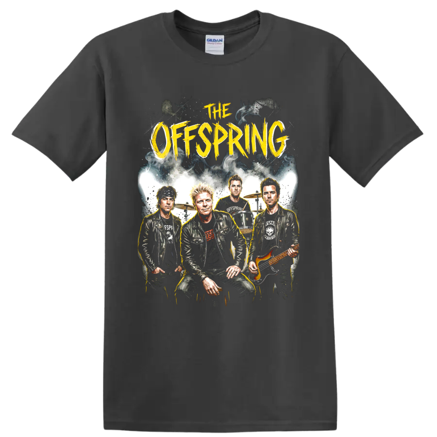 The Offspring punk rock band portrait graphic with yellow lettering on a Charcoal T Shirt