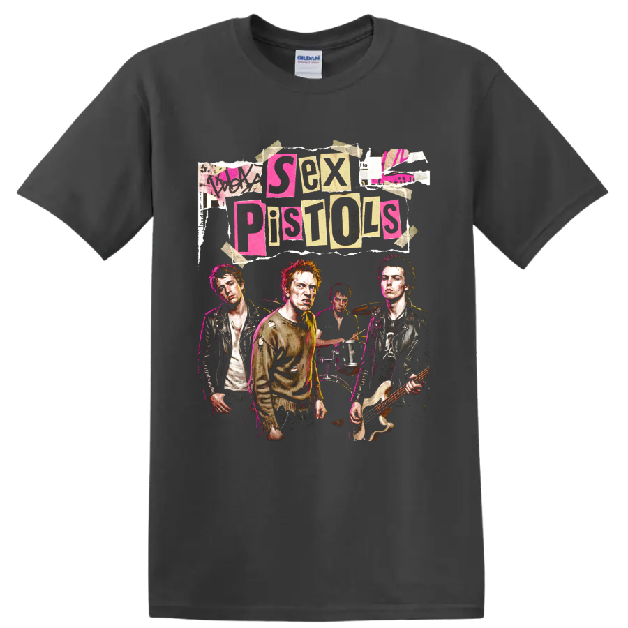 Sex Pistols distressed punk band collage graphic with torn-paper lettering on a Charcoal T Shirt