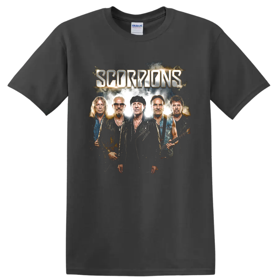 Scorpions band portrait with metallic lettering and electric guitars on a Charcoal T Shirt