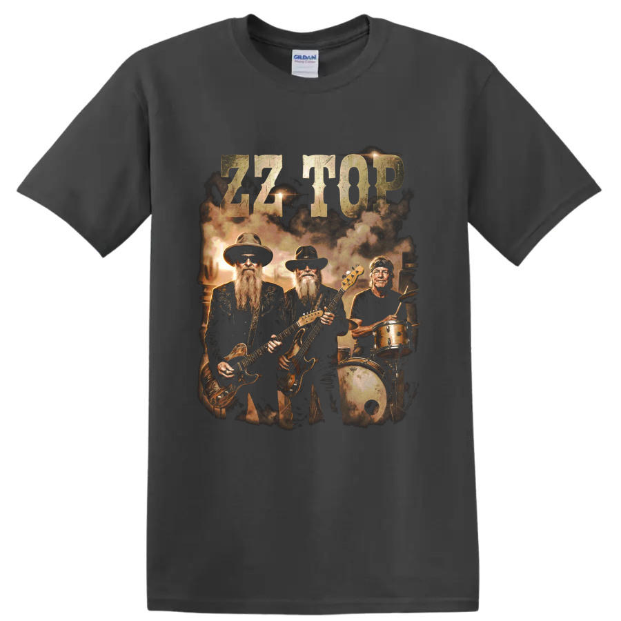 ZZ Top classic lineup vintage rock band graphic with guitars and drums on a Charcoal T Shirt