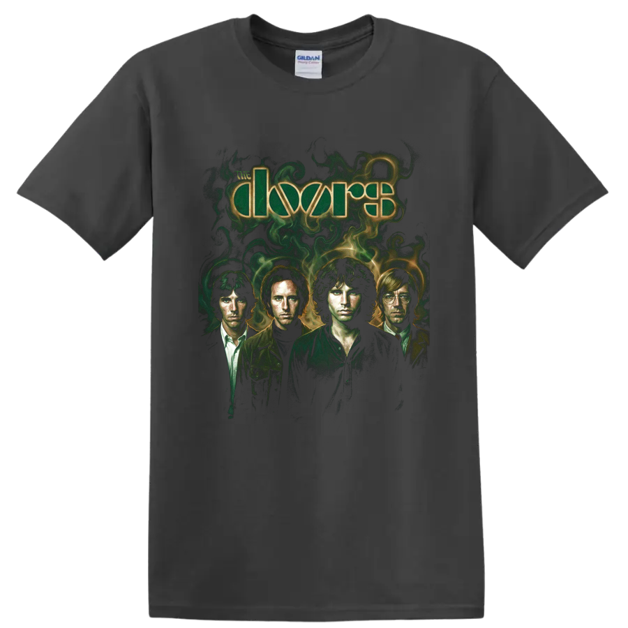The Doors band portrait with psychedelic green smoke and logo lettering on a Charcoal T Shirt