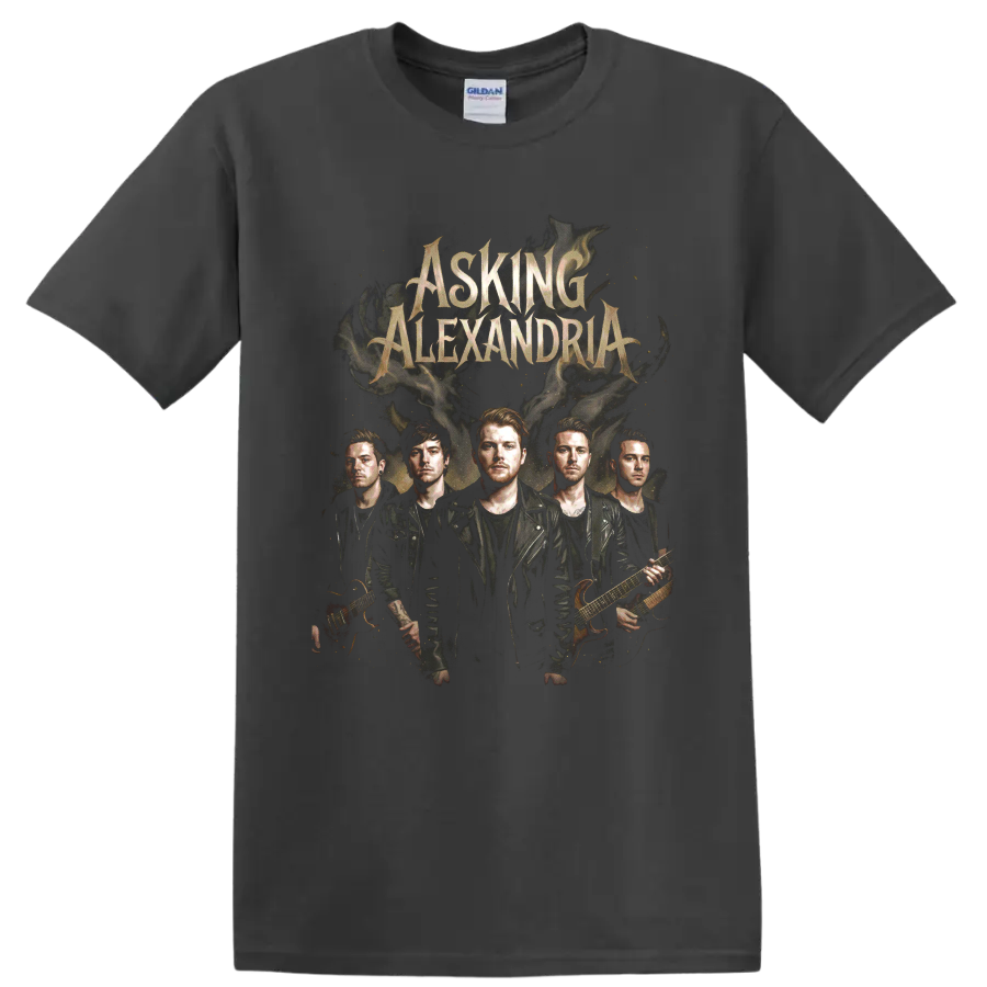 Asking Alexandria band portrait with gothic lettering and smoky rock artwork on a Charcoal T Shirt