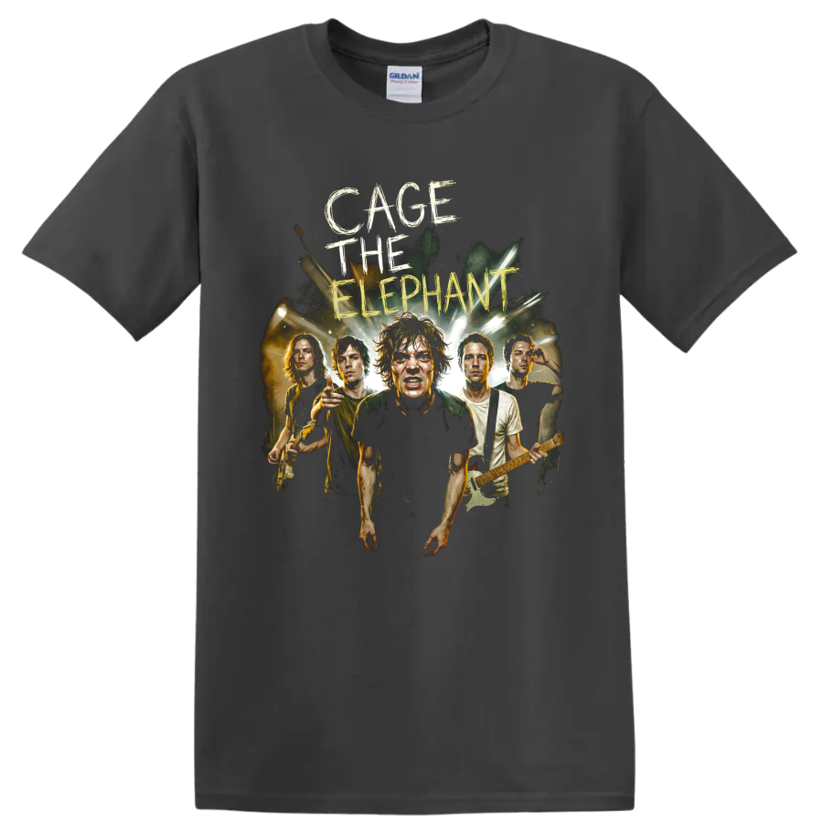 Cage the Elephant band poster with musicians, guitars, and stage lights on a Charcoal T Shirt