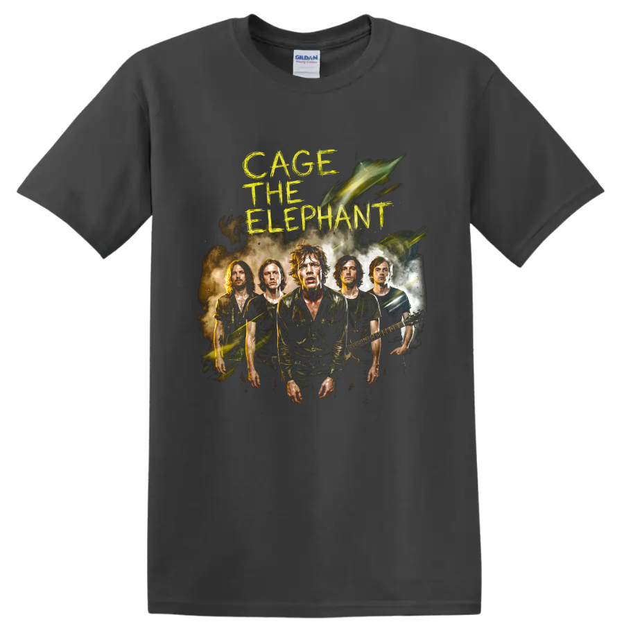 Cage the Elephant indie rock band portrait with distressed yellow lettering on a Charcoal T Shirt