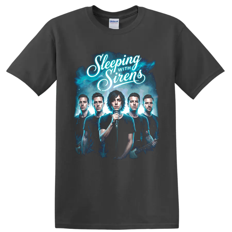 Sleeping With Sirens post-hardcore band portrait graphic with script lettering on a Charcoal T Shirt