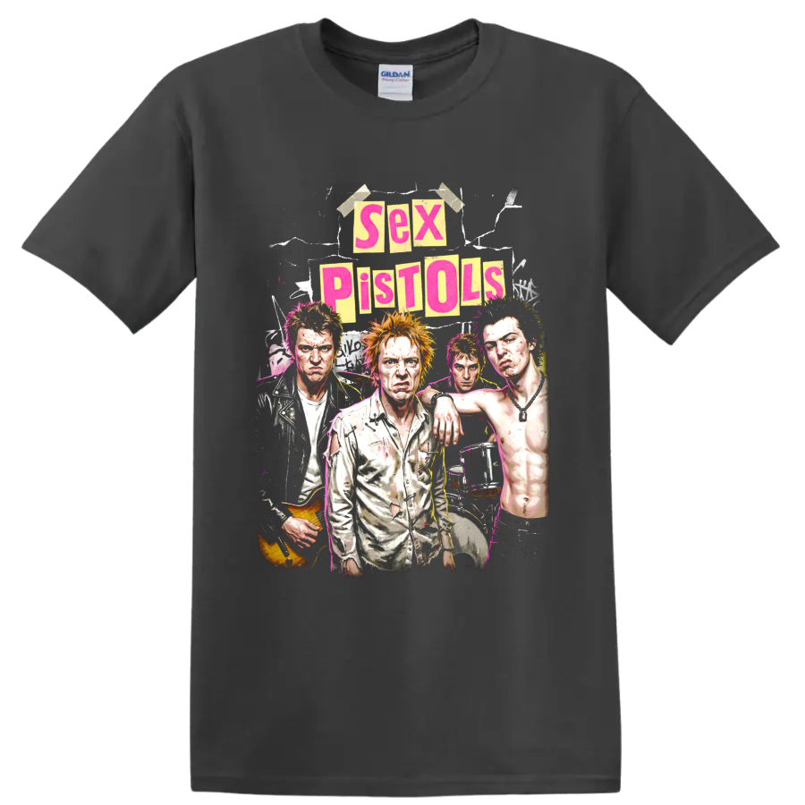 Sex Pistols punk rock collage graphic with band portraits and poster lettering on a Charcoal T Shirt