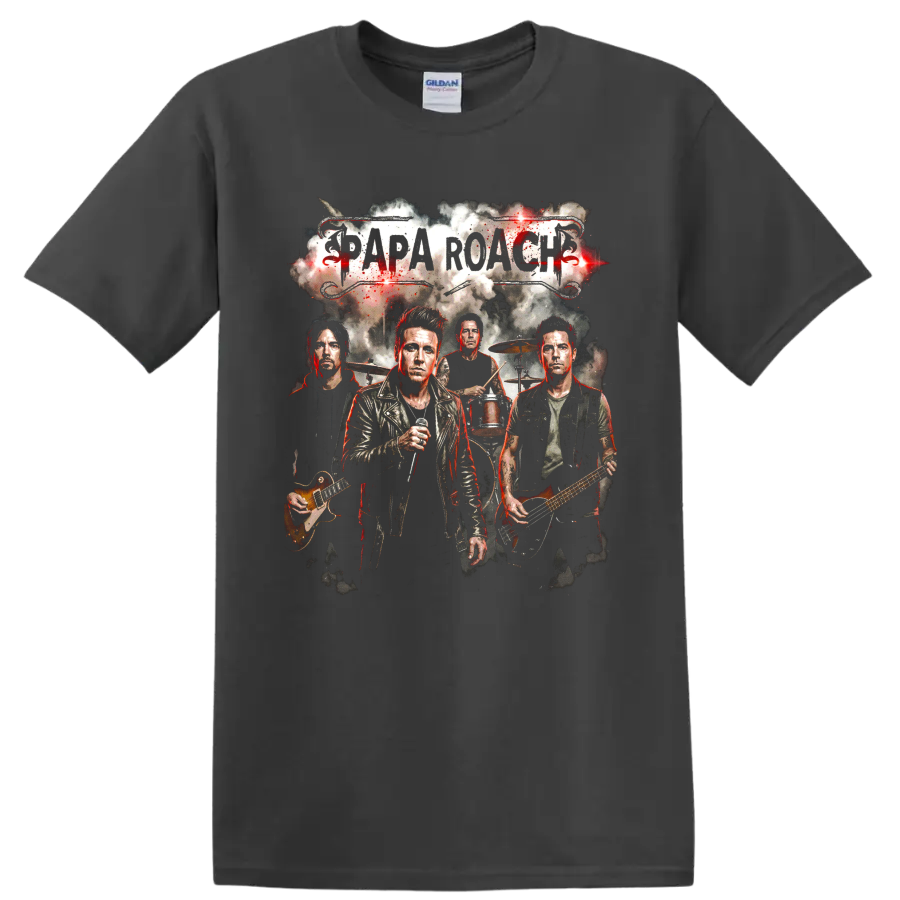 Papa Roach rock band poster with vocalist, guitars, drums, and grunge lettering on a Charcoal T Shirt