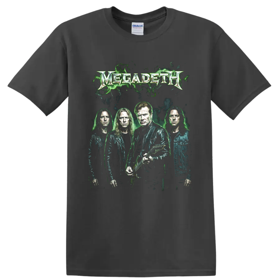 Megadeth Dave Mustaine band portrait with guitar and green smoke graphic on a Charcoal T Shirt