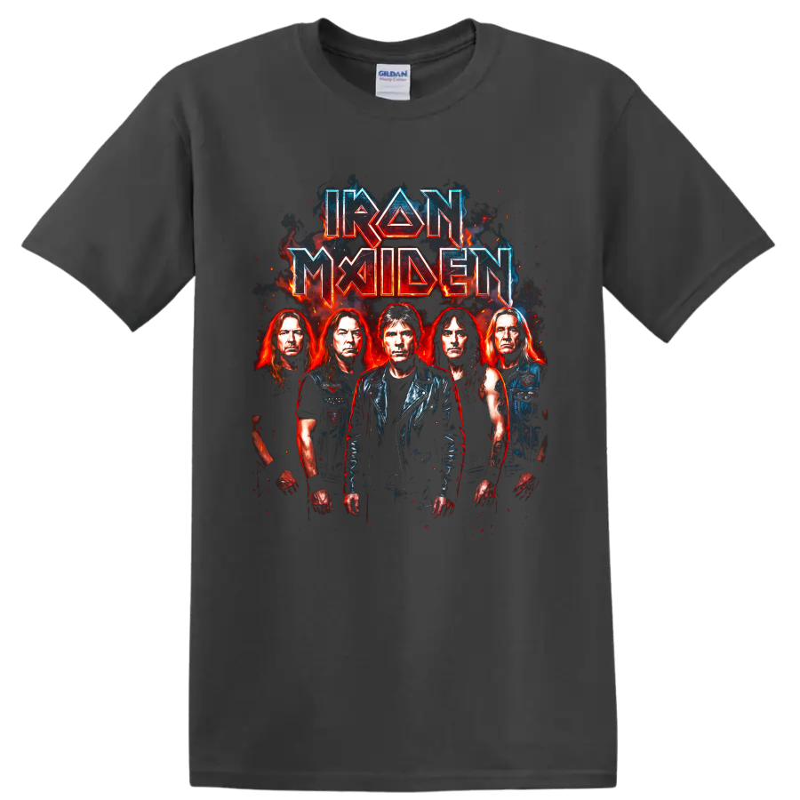 Iron Maiden heavy metal band portrait artwork with fiery angular lettering on a Charcoal T Shirt
