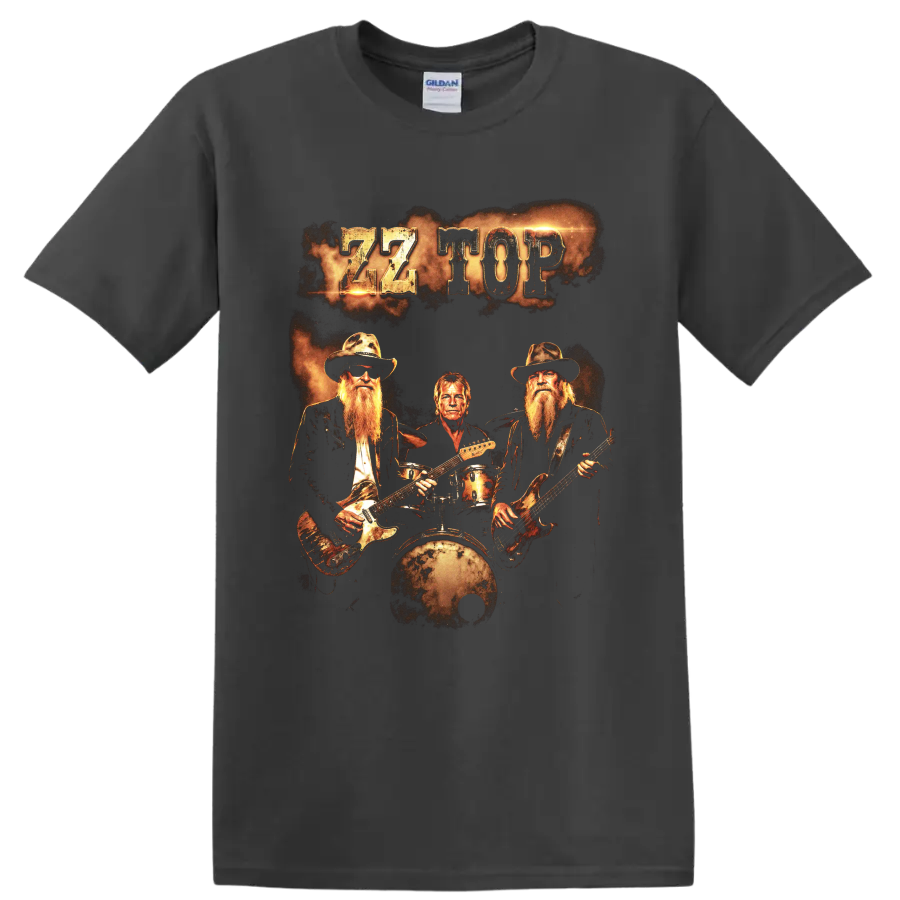 ZZ Top rock band graphic with guitars, drummer, and distressed gold lettering on a Charcoal T Shirt