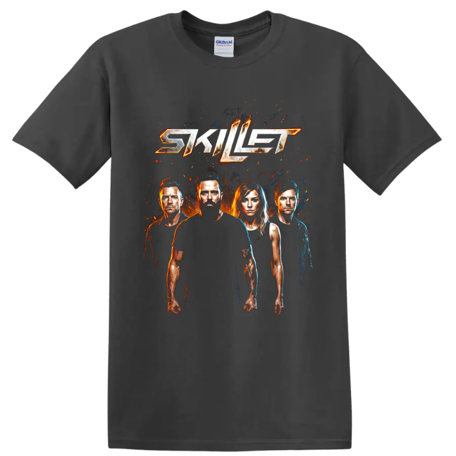 Skillet logo with four band portraits and fiery rock graphic on a Charcoal T Shirt