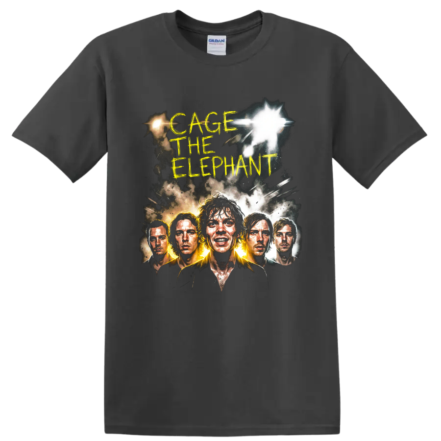 Cage the Elephant alternative rock band portrait graphic with yellow lettering on a Charcoal T Shirt