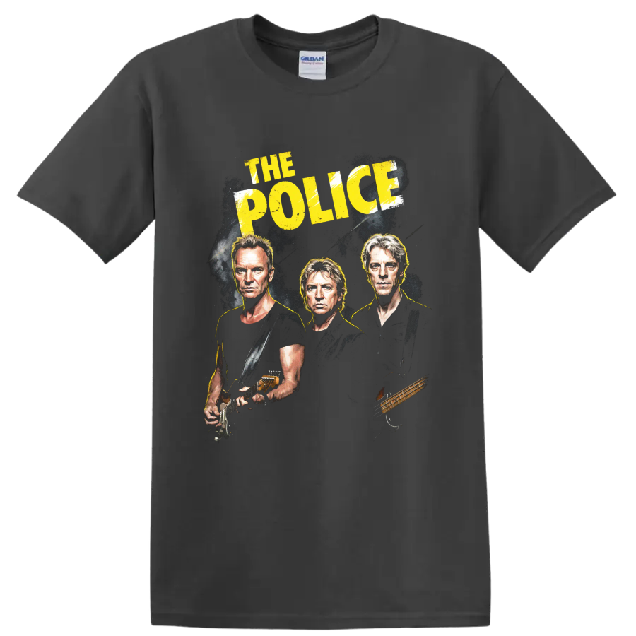 The Police rock band graphic with portraits, guitar, bass, and yellow text on a Charcoal T Shirt