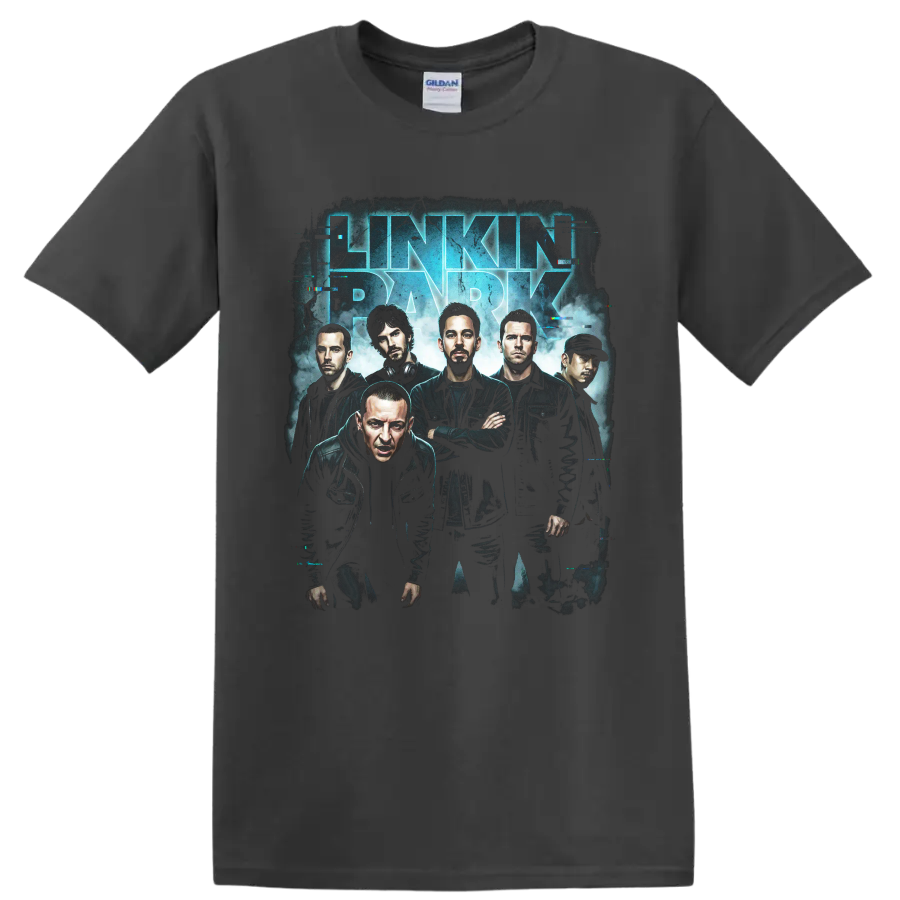 Linkin Park band poster with blue lettering and glitch effects on a Charcoal T Shirt