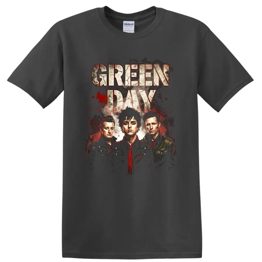 Green Day American Idiot era distressed band portrait graphic print on a Charcoal T Shirt