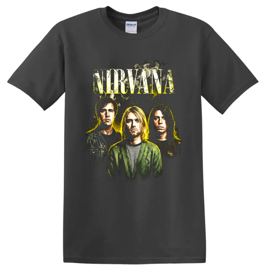 Kurt Cobain Nirvana distressed 1990s grunge band portrait on a Charcoal T Shirt