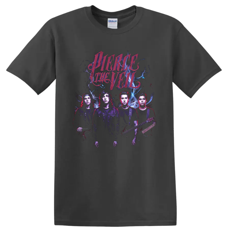 Pierce the Veil Misadventures-era rock band portrait graphic print on a Charcoal T Shirt