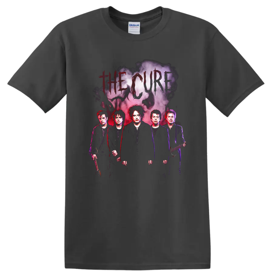 The Cure gothic rock band portrait with smoky cloud graphic on a Charcoal T Shirt
