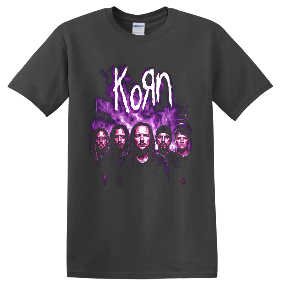 Korn band portrait graphic with purple smoke and distressed white lettering on a Charcoal T Shirt