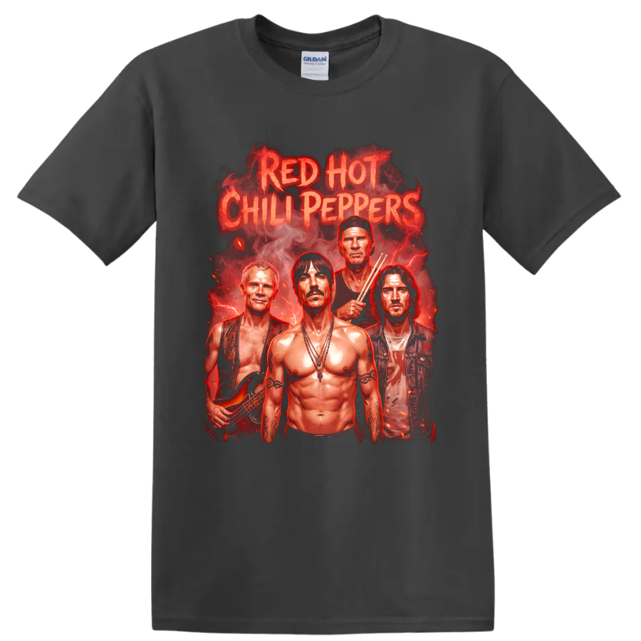 Red Hot Chili Peppers fiery rock band portrait graphic with bold lettering on a Charcoal T Shirt