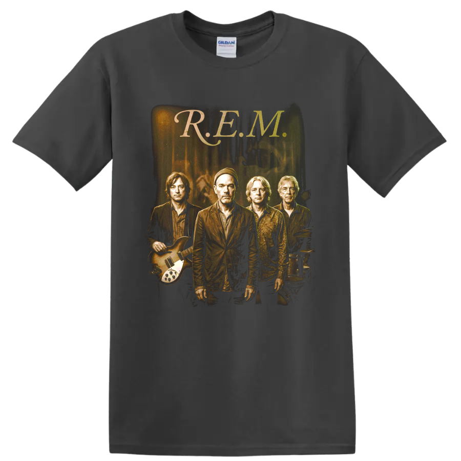 R.E.M. alternative rock band portrait with guitar and drums on a Charcoal T Shirt