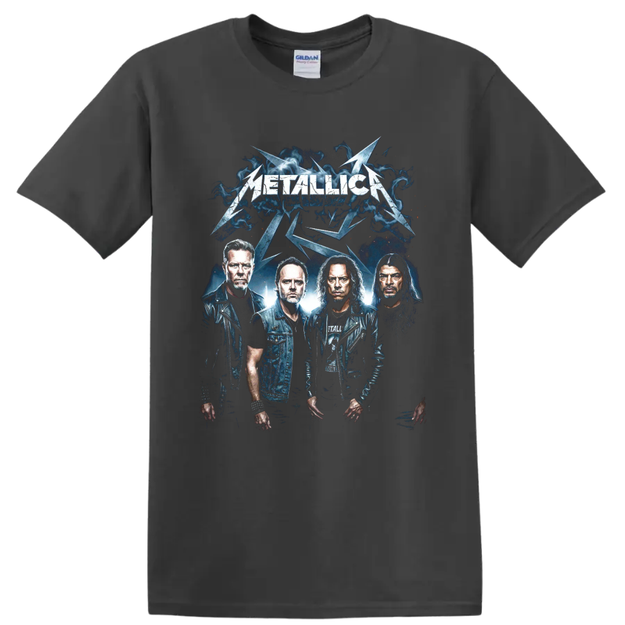 Metallica band portrait graphic with lightning and blue smoke on a Charcoal T Shirt