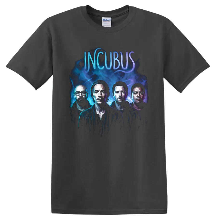 Incubus band portrait with blue smoke, purple light, and neon lettering on a Charcoal T Shirt