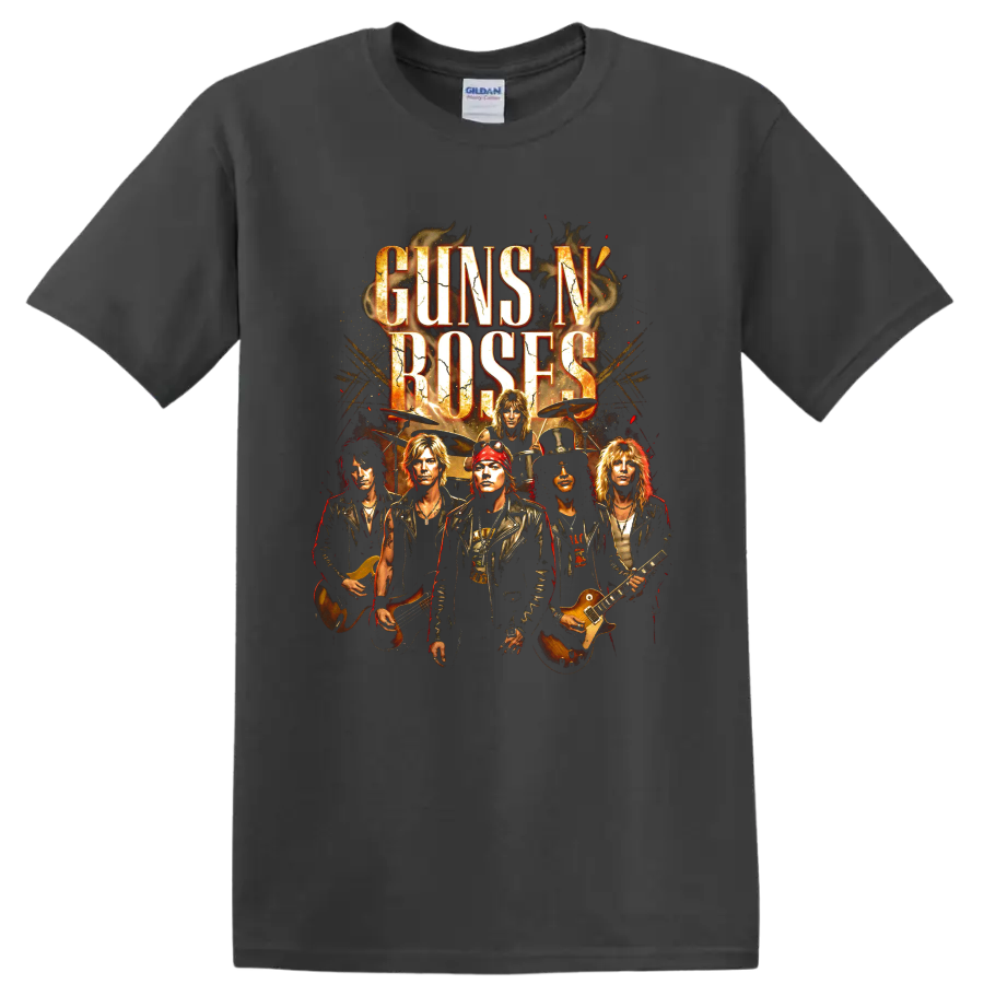 Guns N' Roses classic hard rock band graphic print with musicians and instruments on a Charcoal T Shirt
