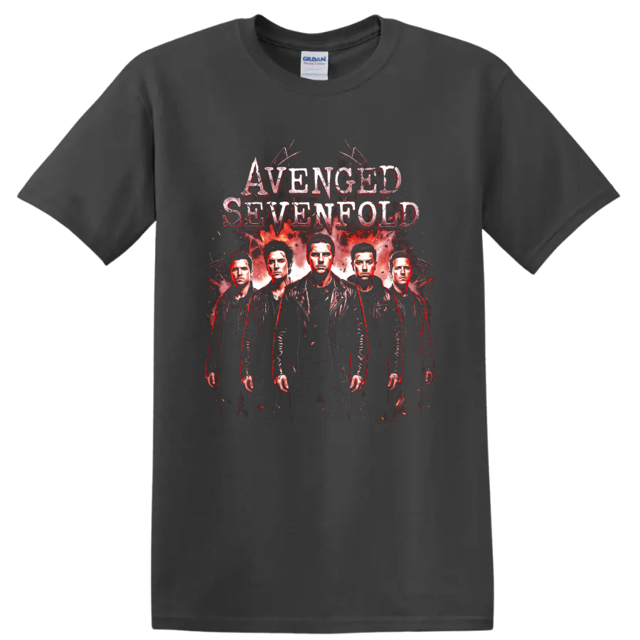 Avenged Sevenfold heavy metal band members red distressed graphic on a Charcoal T Shirt