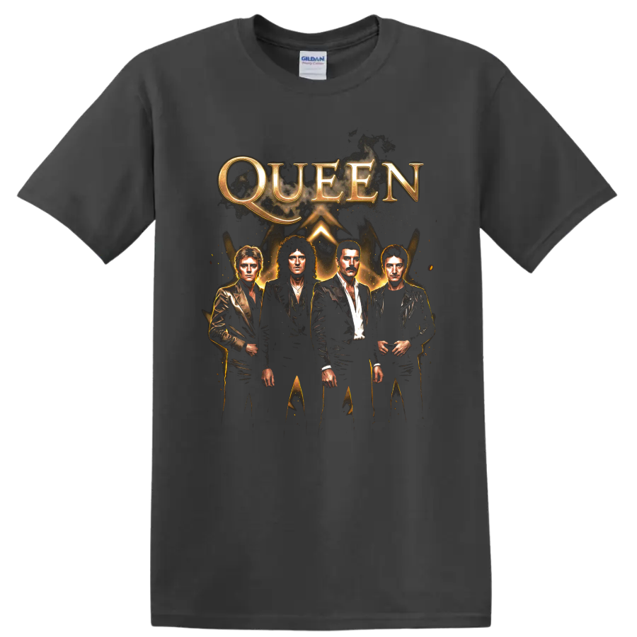 Queen rock band graphic with gold lettering and four portrait figures on a Charcoal T Shirt
