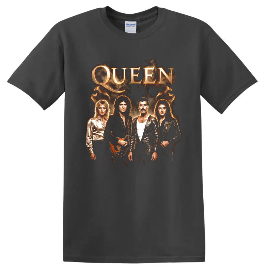 Freddie Mercury and Queen band portrait with gold QUEEN lettering on a Charcoal T Shirt