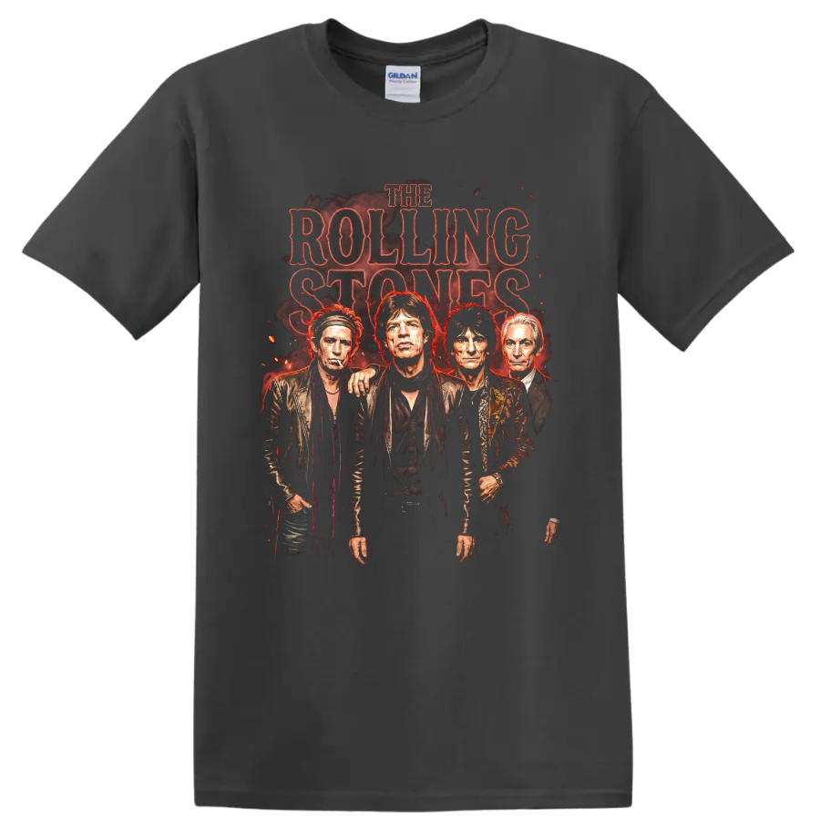 The Rolling Stones vintage rock band portrait graphic with distressed red lettering on a Charcoal T Shirt