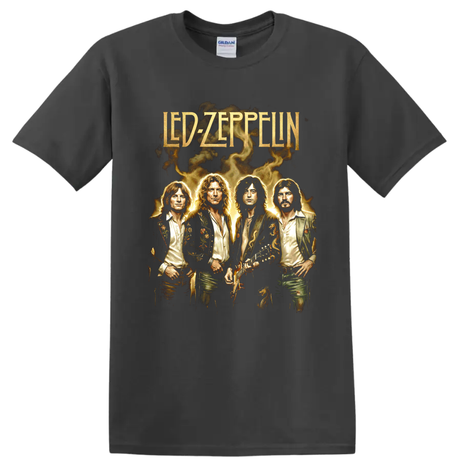 Led Zeppelin vintage band portrait artwork with gold lettering and guitar on a Charcoal T Shirt